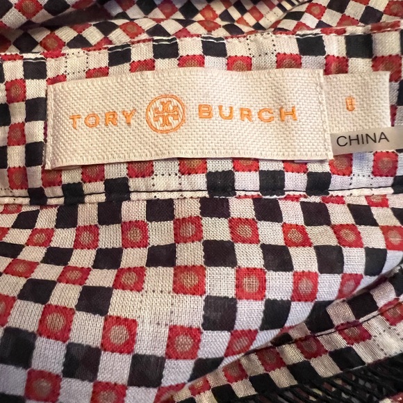 Tory, Burch, top, size 8, color, off-white, black, and red checkerboard pattern. - Picture 10 of 14